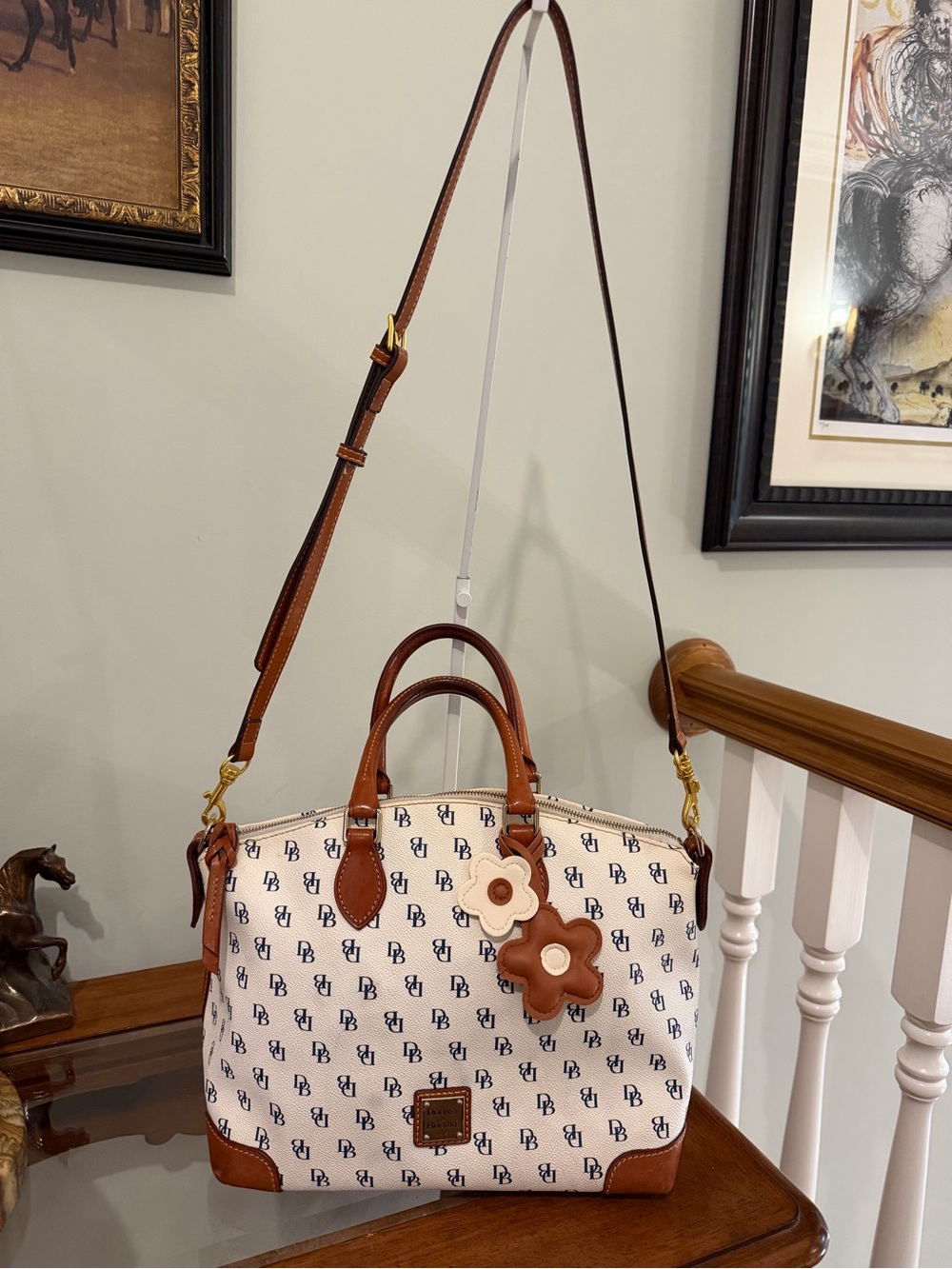 Dooney & Bourke DB Signature Monogram Satchel Cream Navy Leather Crossbody